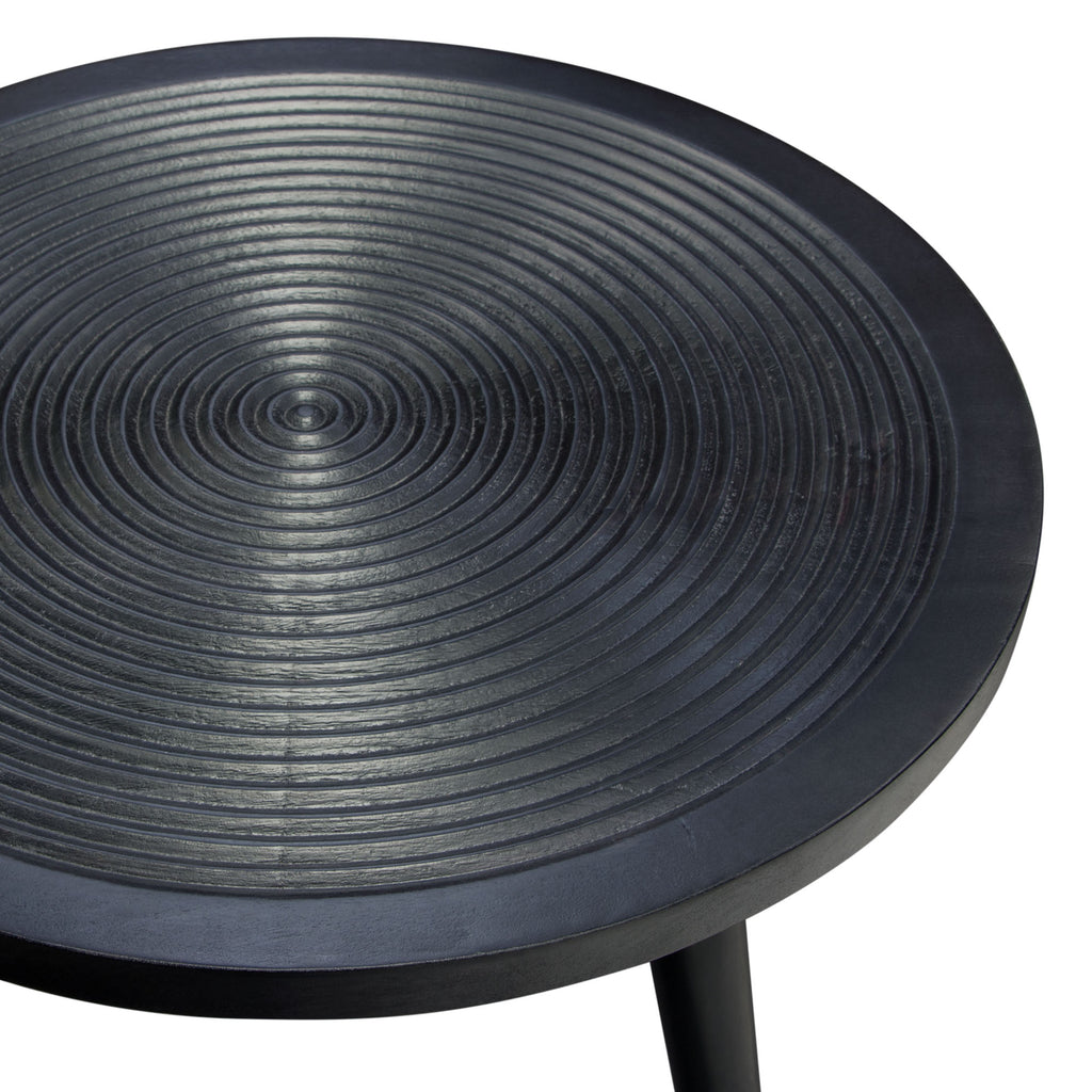 Vortex Round End Table in Solid Mango Wood Top in Black Finish & Iron Legs by Diamond Sofa - styled in a staged room by Center Stage Home Design