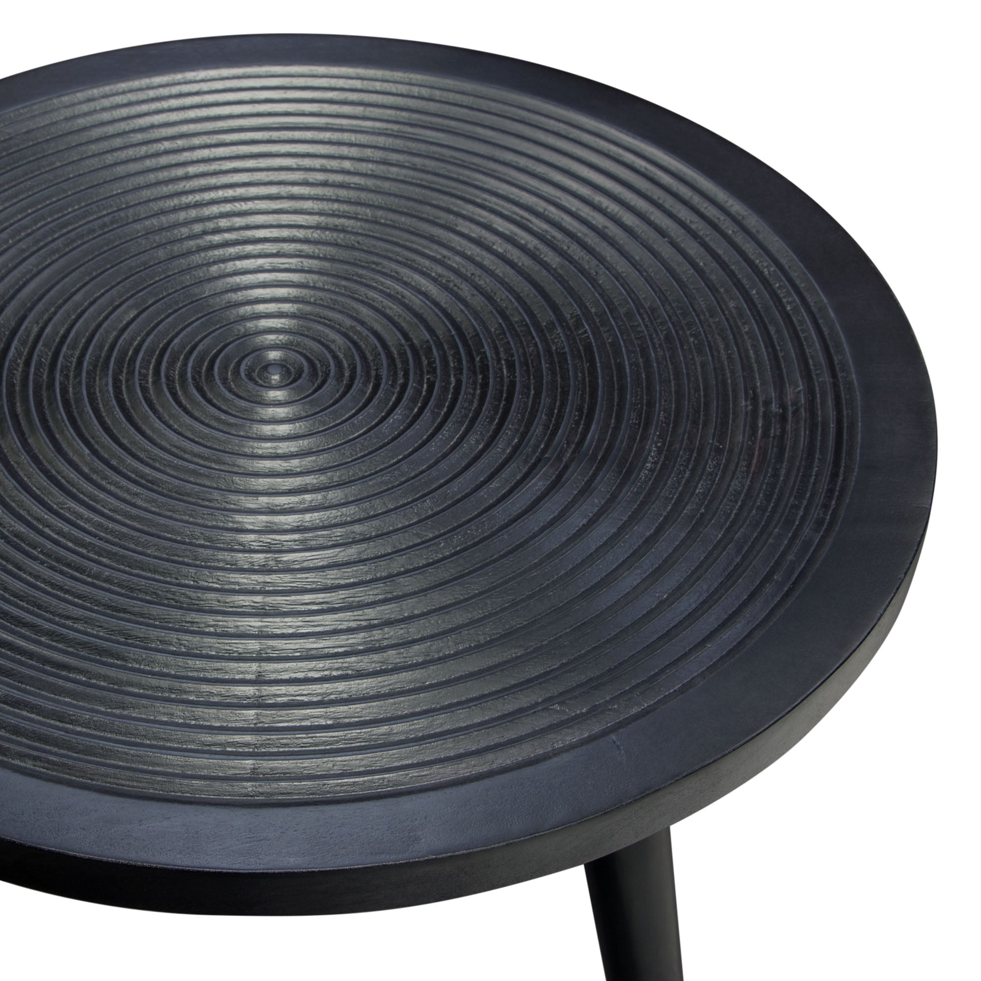 Vortex Round End Table in Solid Mango Wood Top in Black Finish & Iron Legs by Diamond Sofa - styled in a staged room by Center Stage Home Design