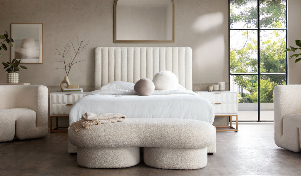 Wave Curved Accent Bench in Ivory Boucle Fabric by Diamond Sofa - styled in a staged room by Center Stage Home Design
