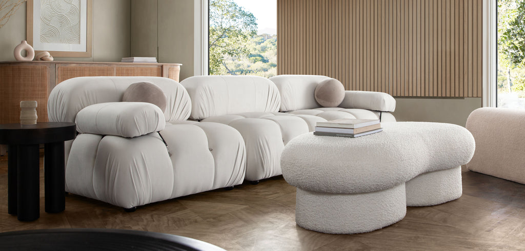 Wave Curved Accent Bench in Ivory Boucle Fabric by Diamond Sofa - styled in a staged room by Center Stage Home Design