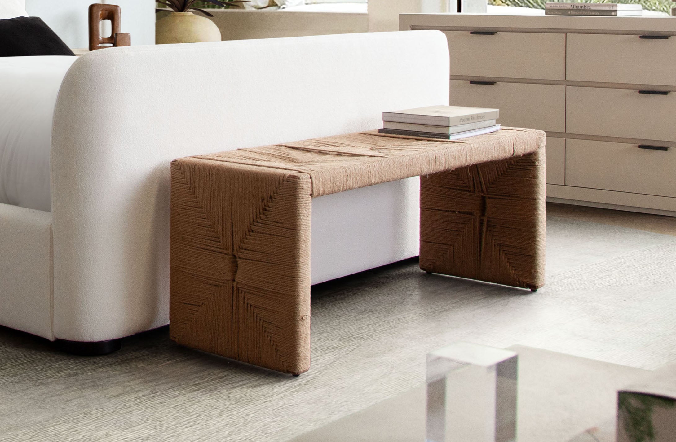Jute Woven Accent Bench by Diamond Sofa - styled in a staged room by Center Stage Home Design