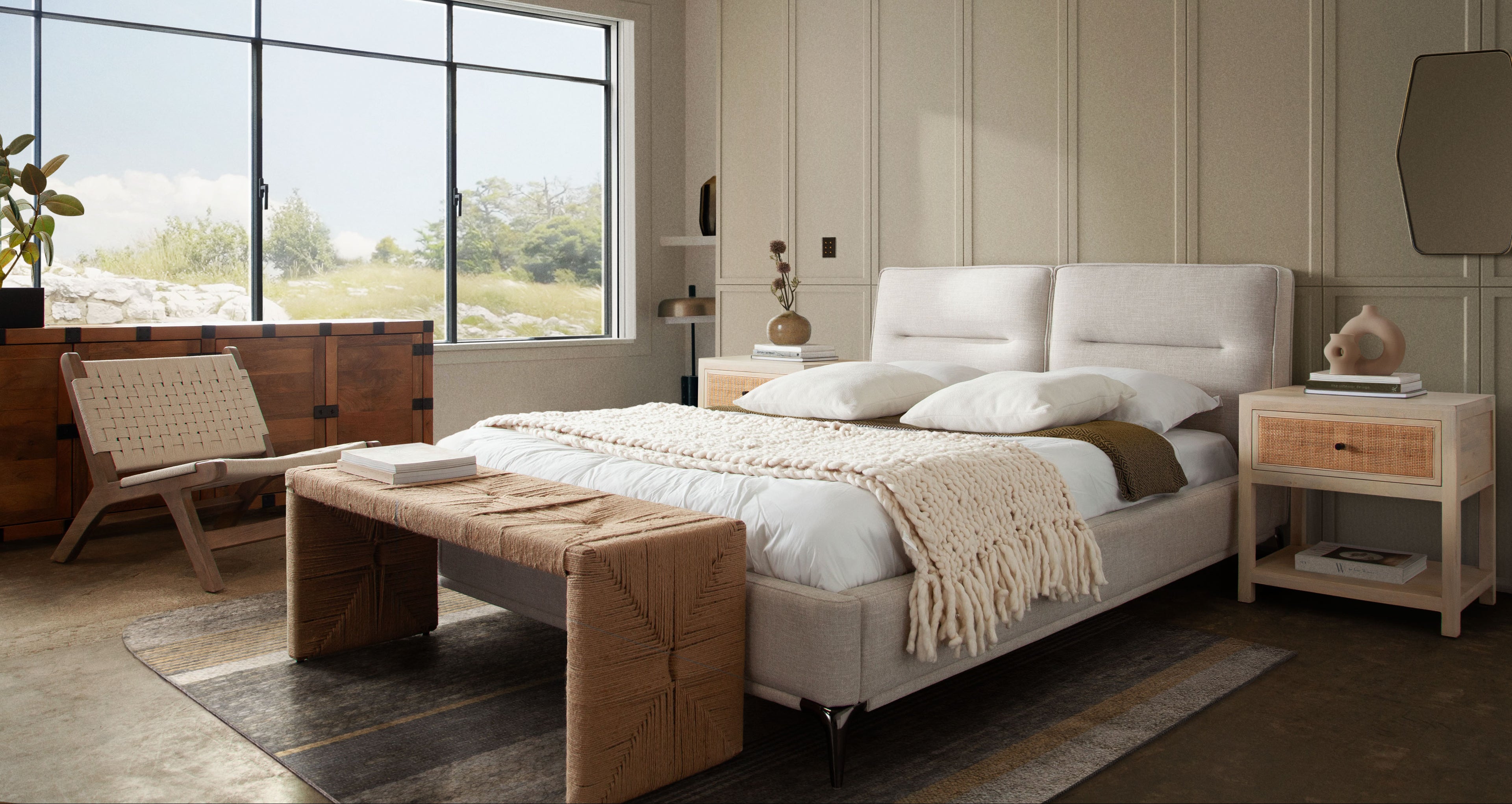 Jute Woven Accent Bench by Diamond Sofa - styled in a staged room by Center Stage Home Design