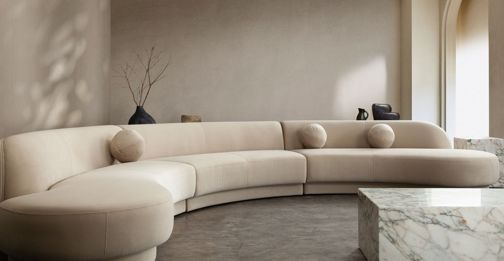 Zelda 3PC Modular Curved Armless Sofa & (2) Chaise in Light Camel Performance Velvet w/ (3) Accent Pillow Balls by Diamond Sofa - styled in a staged room by Center Stage Home Design