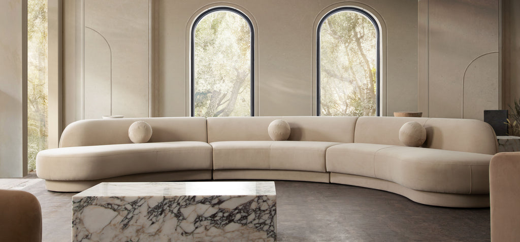 Zelda 3PC Modular Curved Armless Sofa & (2) Chaise in Light Camel Performance Velvet w/ (3) Accent Pillow Balls by Diamond Sofa - styled in a staged room by Center Stage Home Design