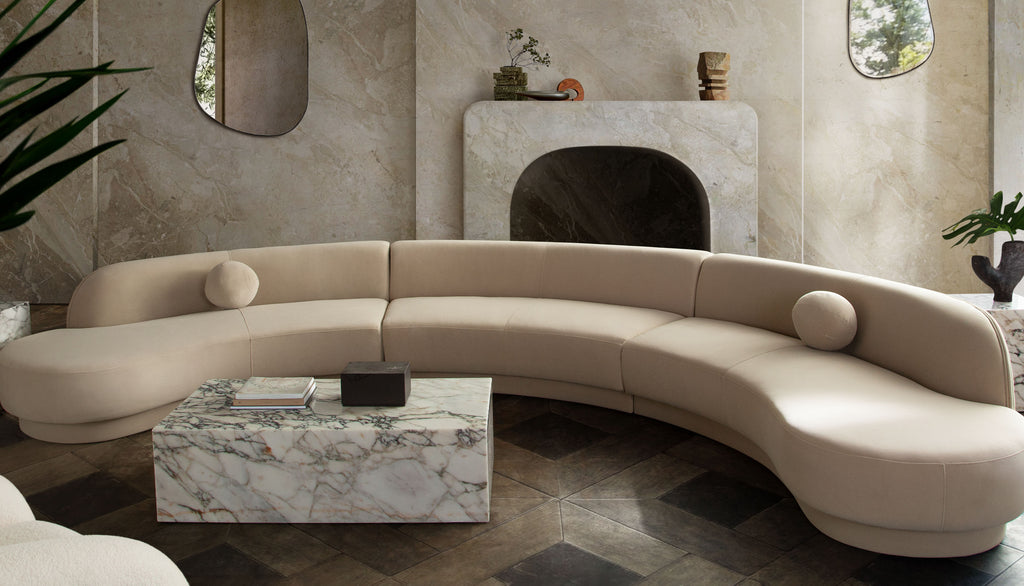 Zelda 3PC Modular Curved Armless Sofa & (2) Chaise in Light Camel Performance Velvet w/ (3) Accent Pillow Balls by Diamond Sofa - styled in a staged room by Center Stage Home Design