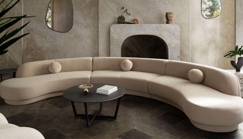 Zelda 3PC Modular Curved Armless Sofa & (2) Chaise in Light Camel Performance Velvet w/ (3) Accent Pillow Balls by Diamond Sofa - styled in a staged room by Center Stage Home Design