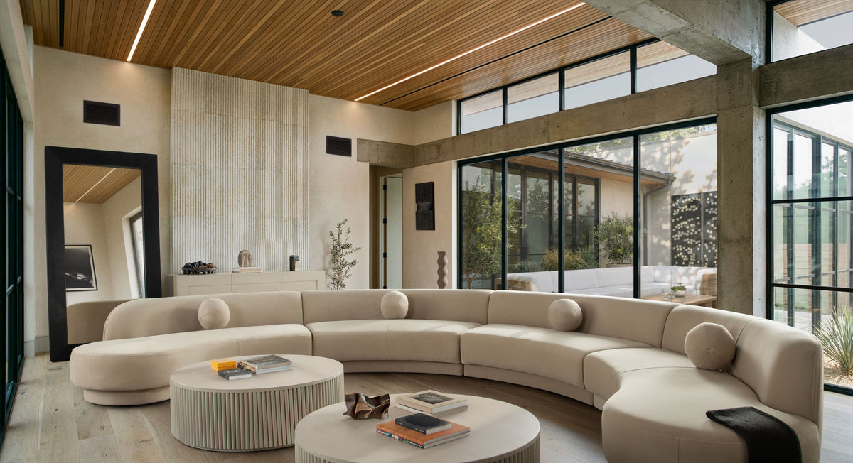 Zelda 3PC Modular Curved Armless Sofa & (2) Chaise in Light Camel Performance Velvet w/ (3) Accent Pillow Balls by Diamond Sofa - styled in a staged room by Center Stage Home Design