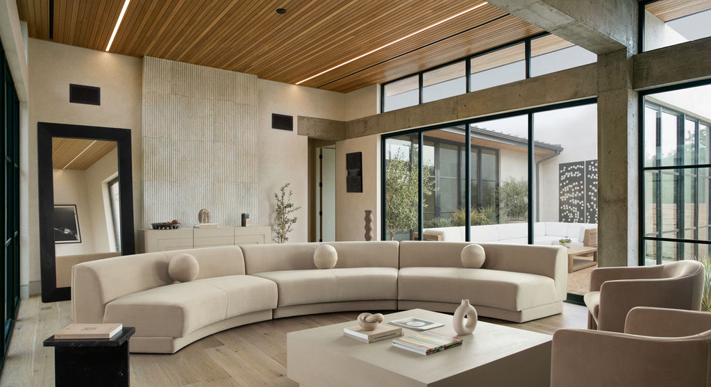 Zelda 3PC Modular Curved Armless Sofa & (2) Chaise in Light Camel Performance Velvet w/ (3) Accent Pillow Balls by Diamond Sofa - styled in a staged room by Center Stage Home Design