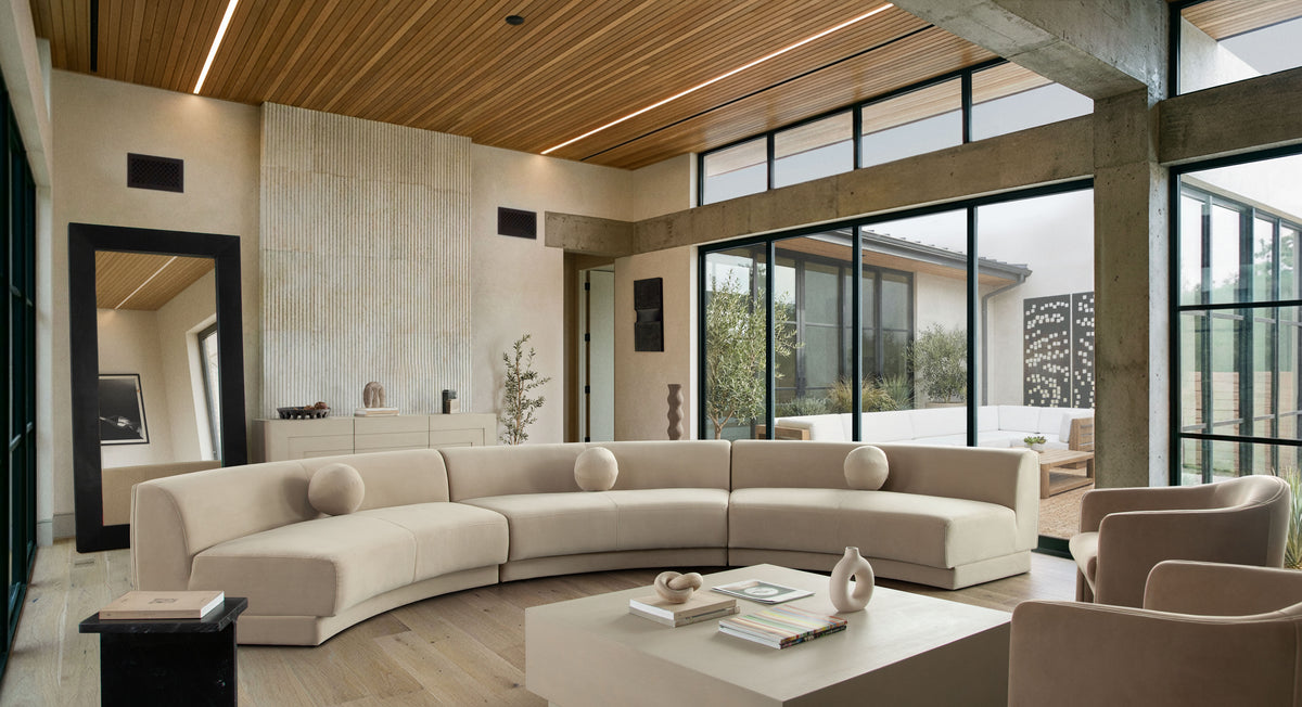 Zelda 3PC Modular Curved Armless Sofa & (2) Chaise in Light Camel Performance Velvet w/ (3) Accent Pillow Balls by Diamond Sofa - styled in a staged room by Center Stage Home Design