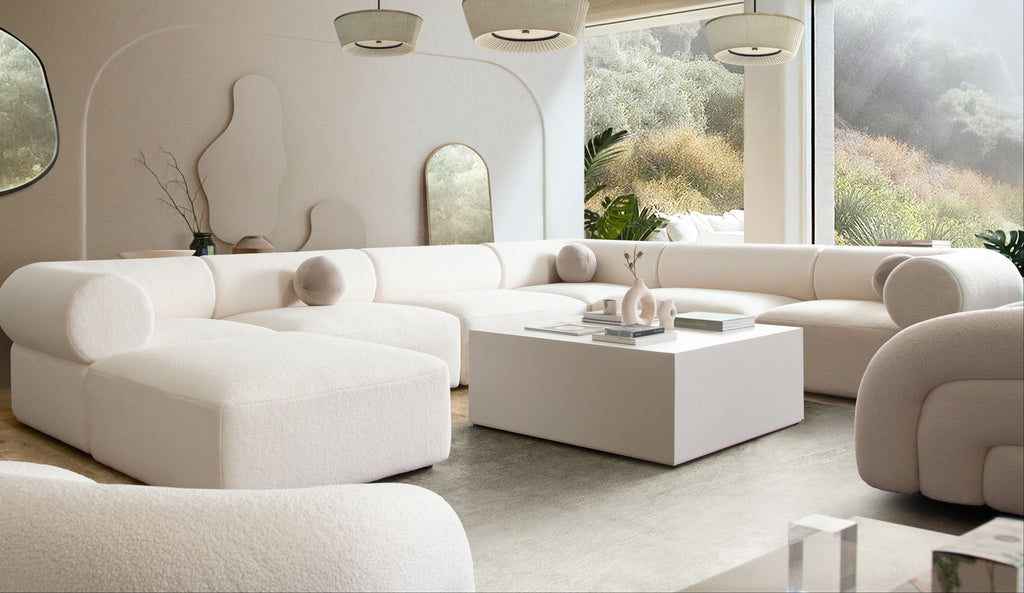 Zia 4PC Modular Reversible Chaise Sectional in Ivory Sherpa Fabric by Diamond Sofa - styled in a staged room by Center Stage Home Design