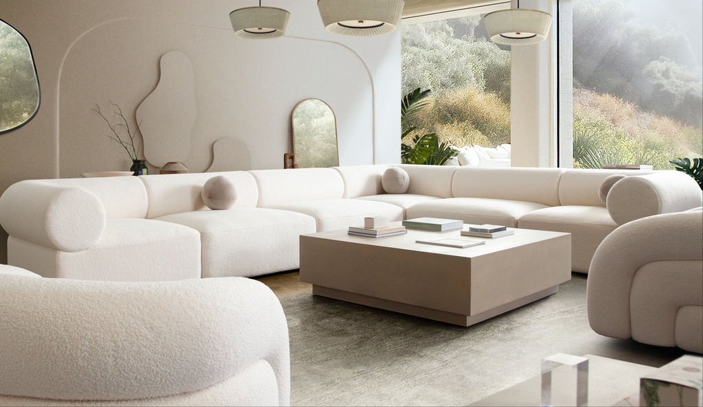 Zia 4PC Modular Reversible Chaise Sectional in Ivory Sherpa Fabric by Diamond Sofa - styled in a staged room by Center Stage Home Design