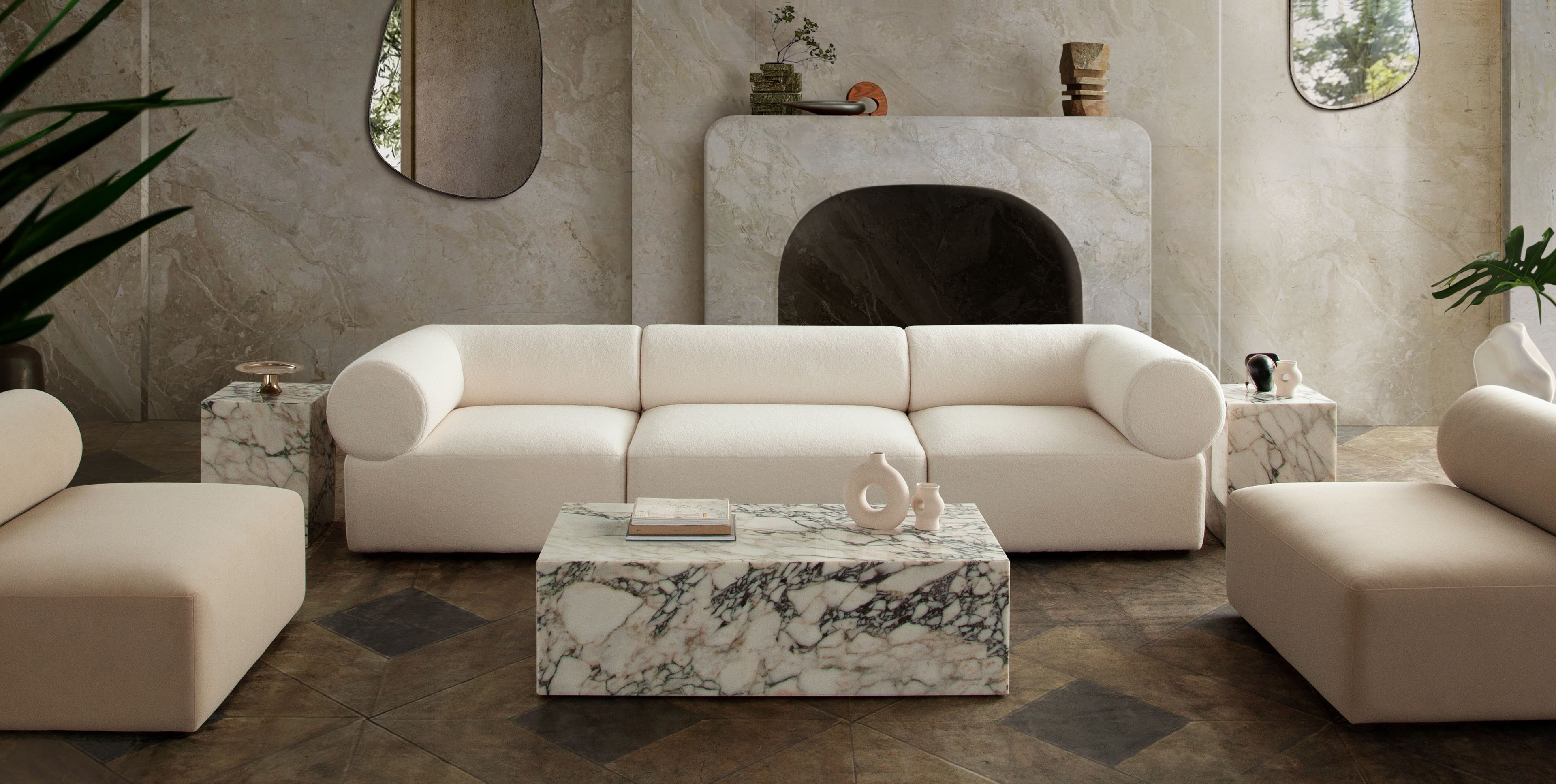 Zia 3PC Modular Sofa in Ivory Sherpa Fabric by Diamond Sofa - styled in a staged room by Center Stage Home Design