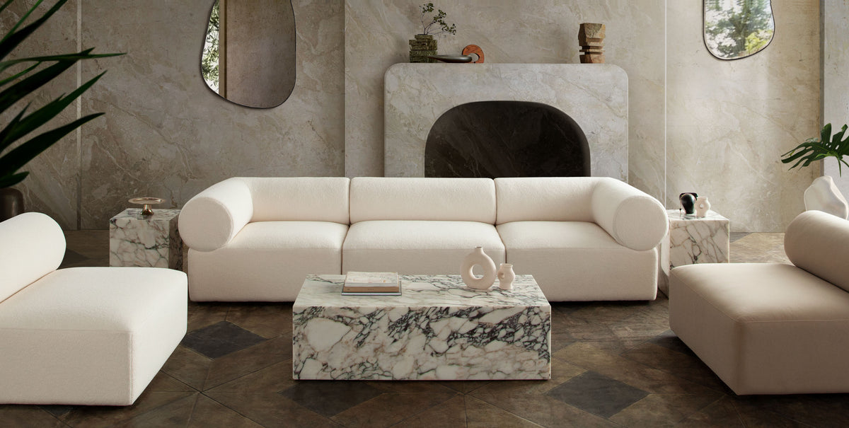 Zia 3PC Modular Sofa in Ivory Sherpa Fabric by Diamond Sofa - styled in a staged room by Center Stage Home Design