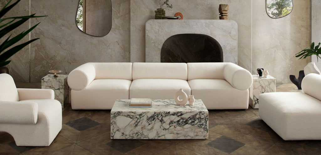 Zia 3PC Modular Sofa in Ivory Sherpa Fabric by Diamond Sofa - styled in a staged room by Center Stage Home Design