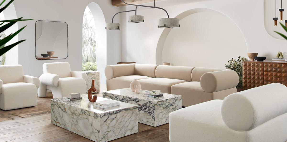 Zia 3PC Modular Sofa in Light Camel Performance Velvet Fabric by Diamond Sofa - styled in a staged room by Center Stage Home Design