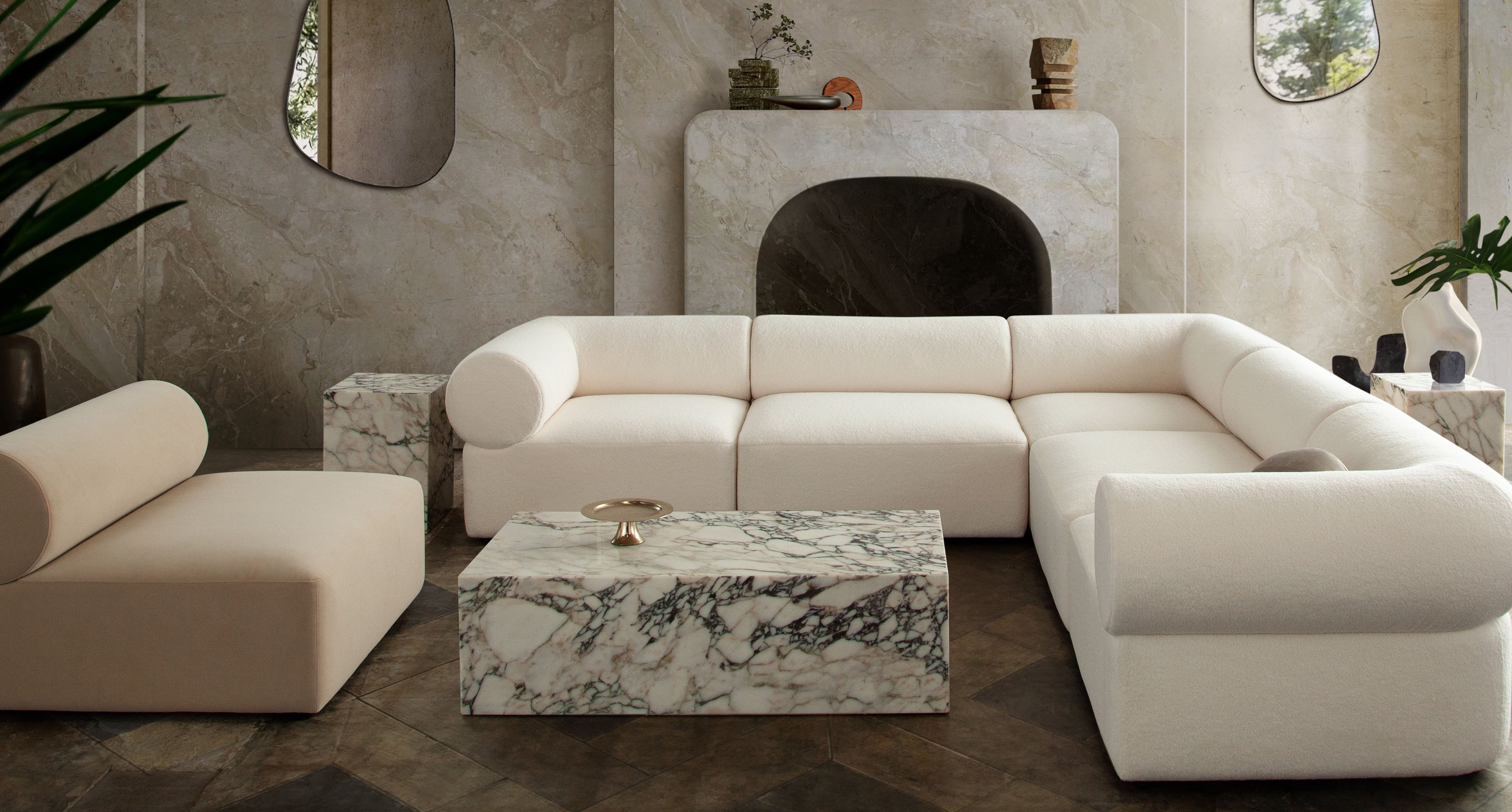 Zia 5PC Corner Sectional in Ivory Sherpa Fabric by Diamond Sofa - styled in a staged room by Center Stage Home Design