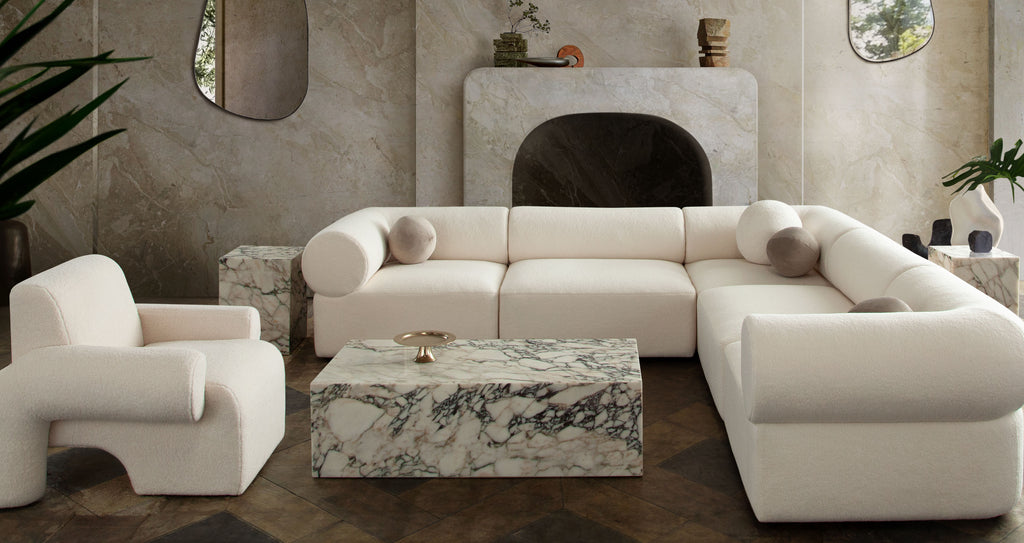 Zia 5PC Corner Sectional in Ivory Sherpa Fabric by Diamond Sofa - styled in a staged room by Center Stage Home Design