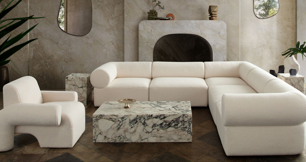 Zia 5PC Corner Sectional in Ivory Sherpa Fabric by Diamond Sofa - styled in a staged room by Center Stage Home Design