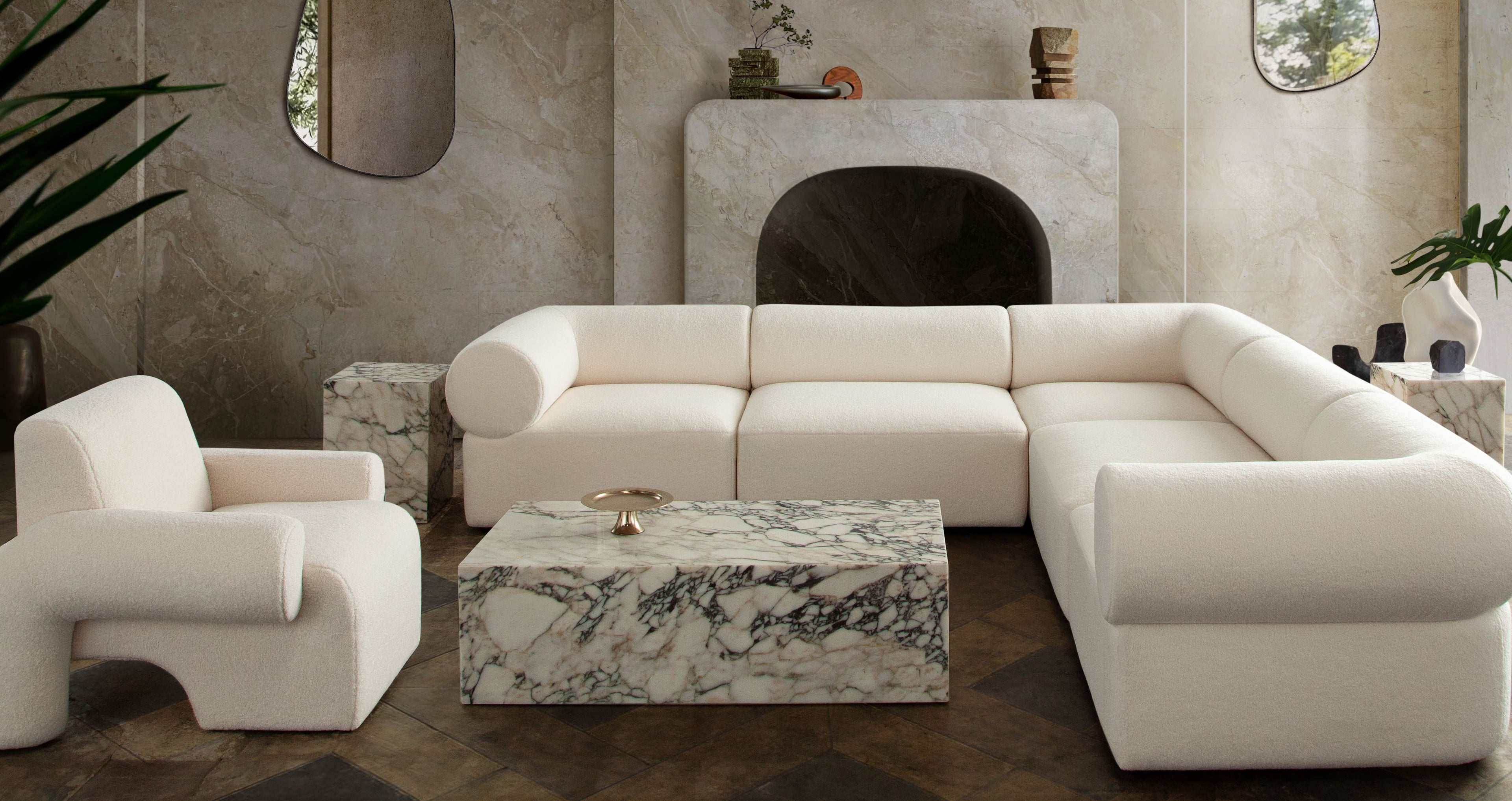 Zia 5PC Corner Sectional in Ivory Sherpa Fabric by Diamond Sofa - styled in a staged room by Center Stage Home Design