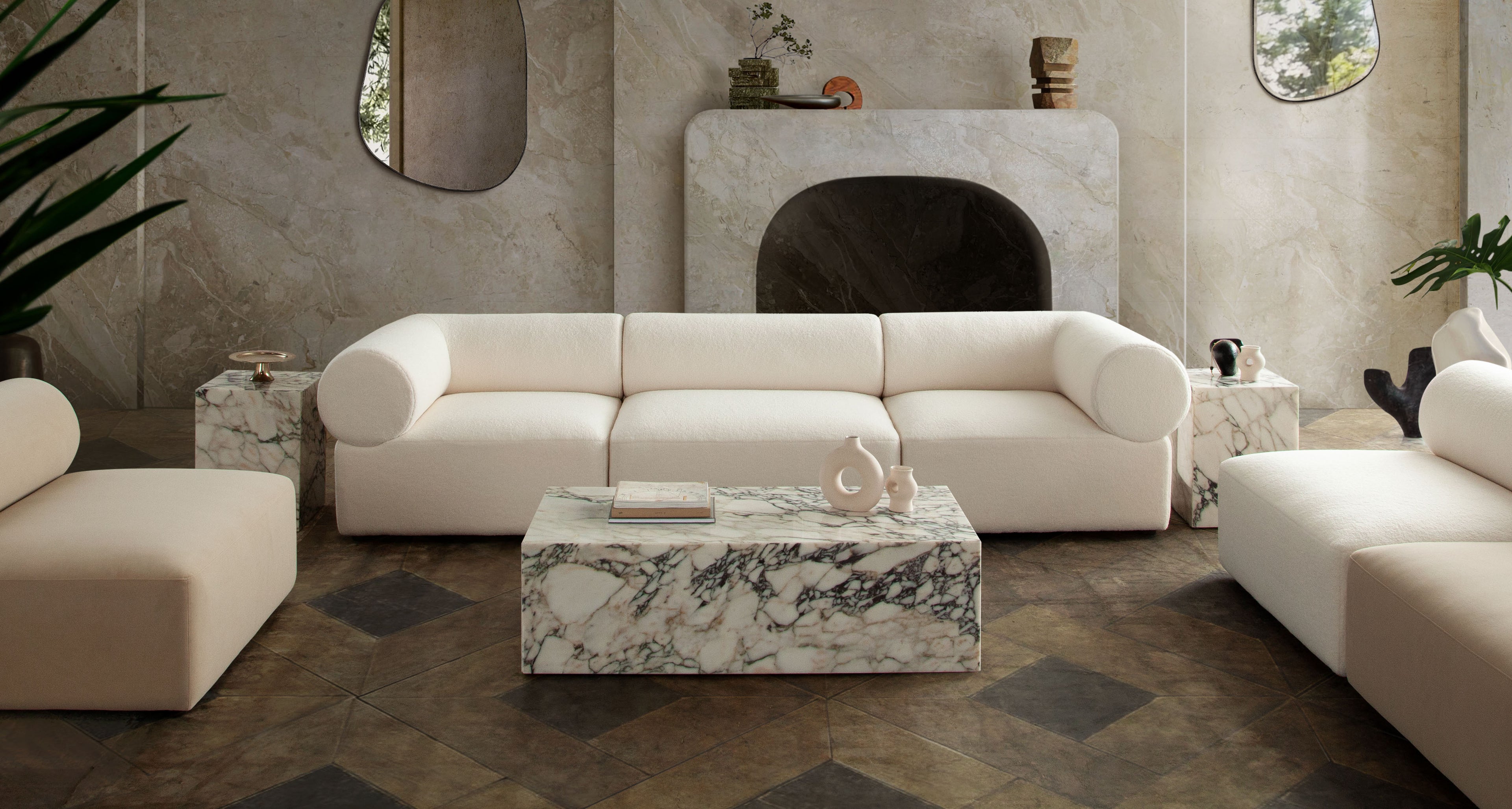 Zia Armless Chair in Ivory Sherpa Fabric by Diamond Sofa - styled in a staged room by Center Stage Home Design