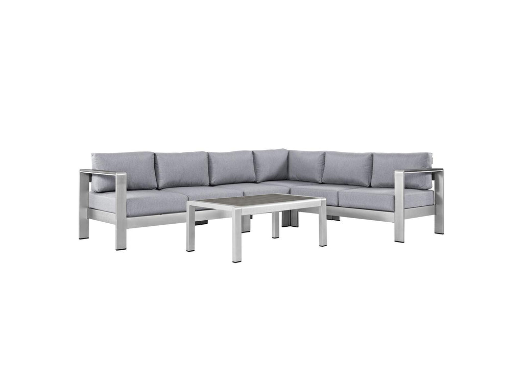 EEI-2557-SLV-GRY Shore 5 Piece Outdoor Patio Aluminum Sectional Sofa Set By Modway