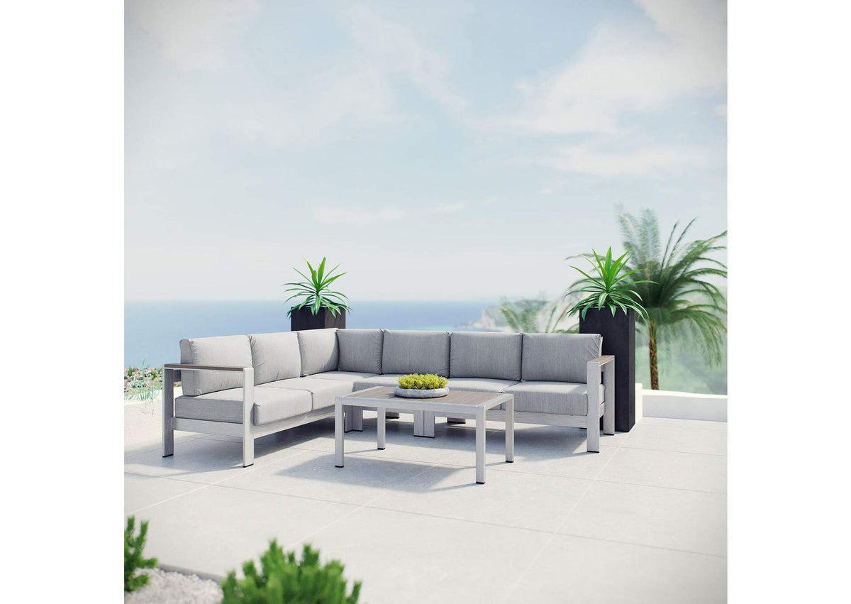 EEI-2557-SLV-GRY Shore 5 Piece Outdoor Patio Aluminum Sectional Sofa Set By Modway