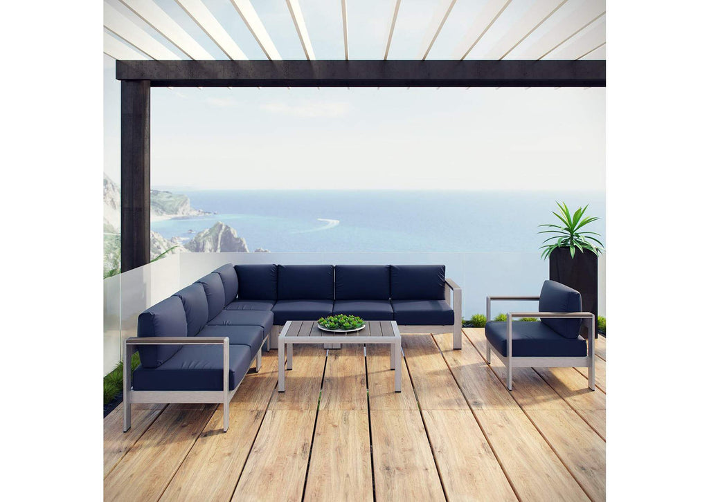 EEI-2562-SLV-NAV Shore 7 Piece Outdoor Patio Aluminum Sectional Sofa Set By Modway