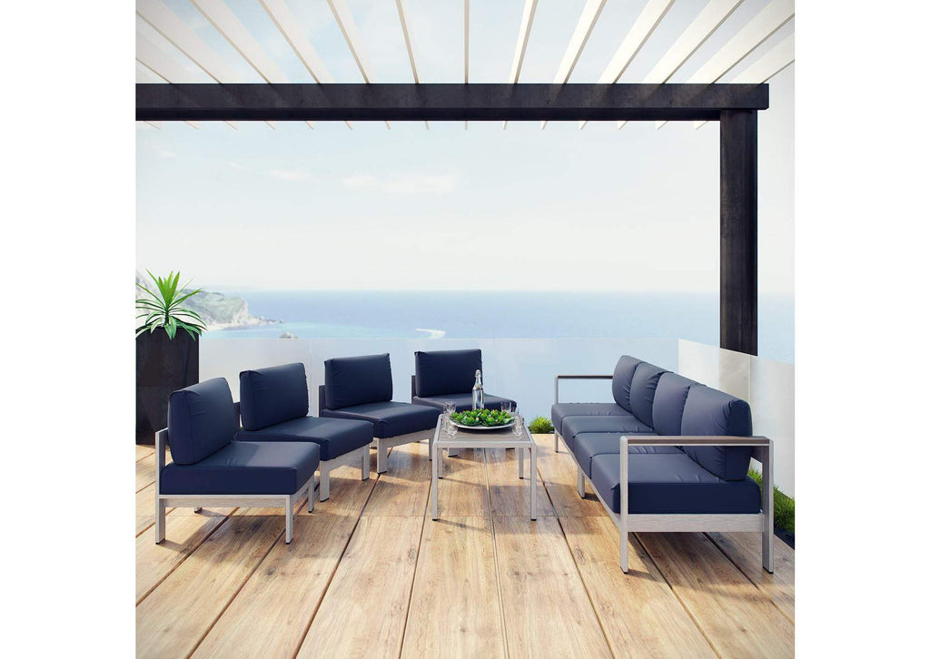 EEI-2566-SLV-NAV Shore 7 Piece Outdoor Patio Sectional Sofa Set By Modway