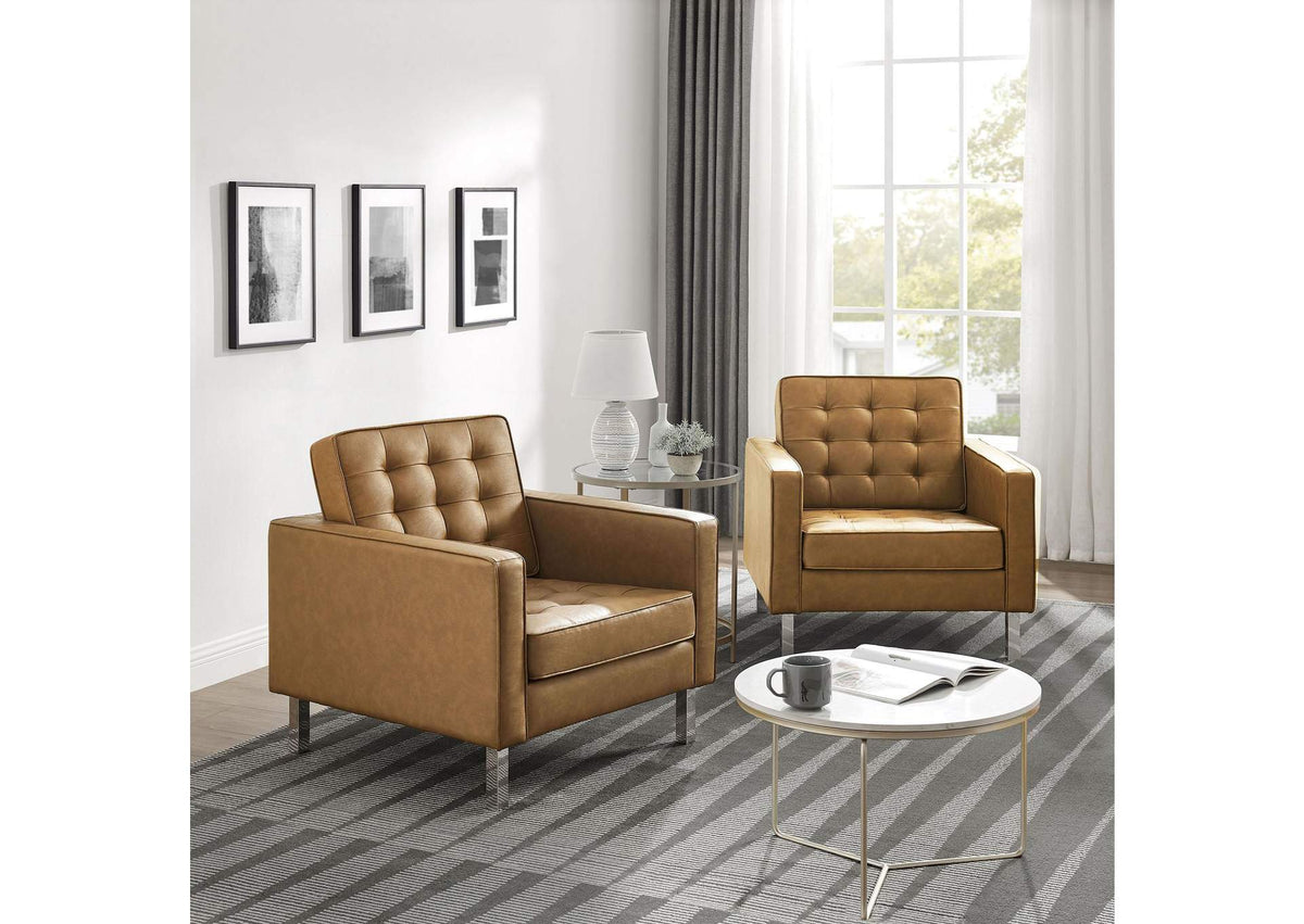 EEI-4101-SLV-TAN Loft Tufted Vegan Leather Armchairs Set Of 2 By Modway