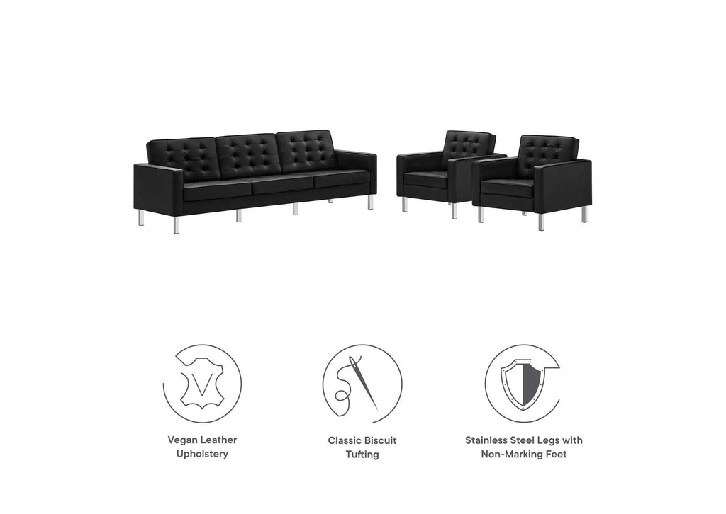 EEI-4105-SLV-BLK-SET Loft 3-Piece Tufted Vegan Leather Furniture Set By Modway