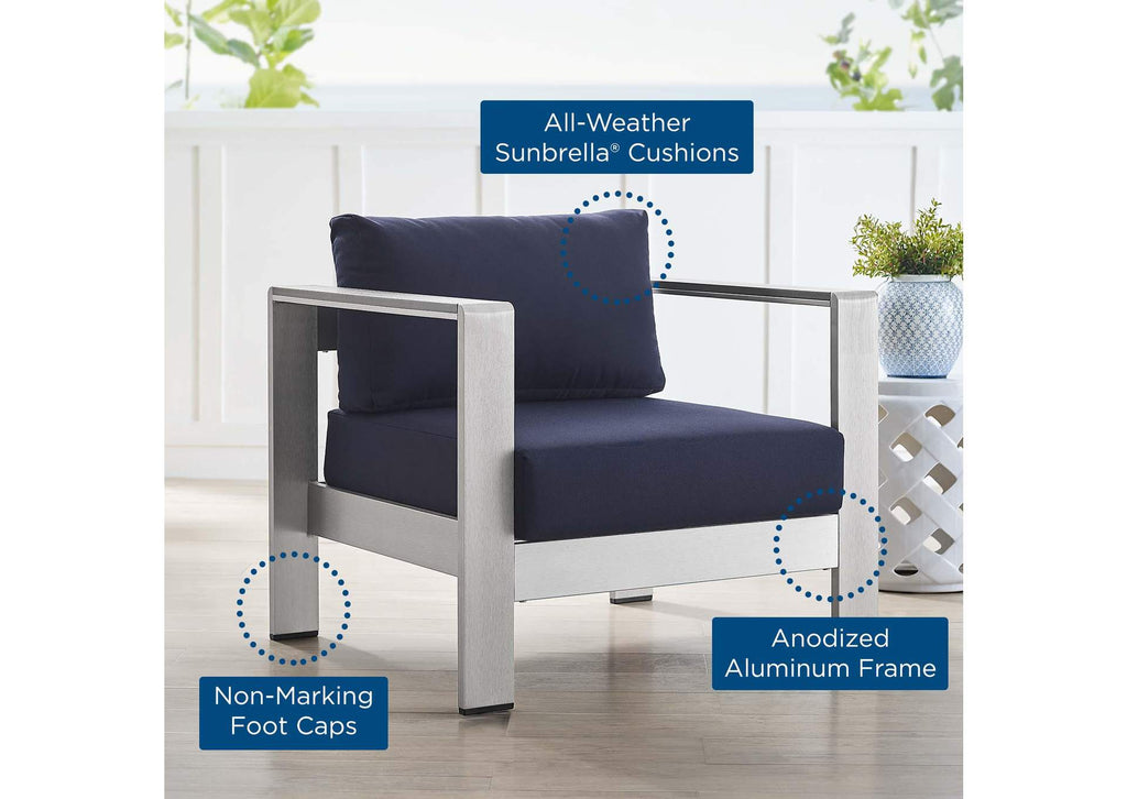 EEI-4225-SLV-NAV Shore Sunbrella® Fabric Aluminum Outdoor Patio Armchair By Modway