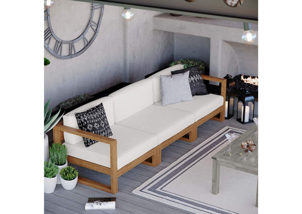EEI-4254-NAT-WHI-SET Upland 3-Piece Outdoor Patio Teak Wood Sectional Sofa Set By Modway