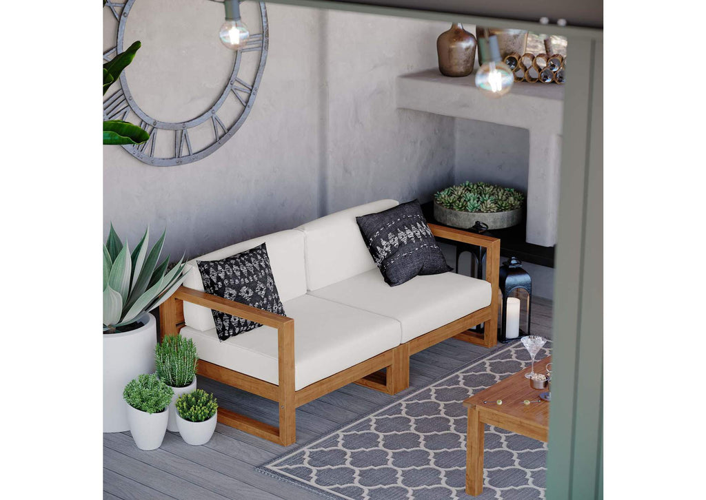 EEI-4256-NAT-WHI-SET Upland 2-Piece Outdoor Patio Teak Wood Sectional Sofa Loveseat By Modway