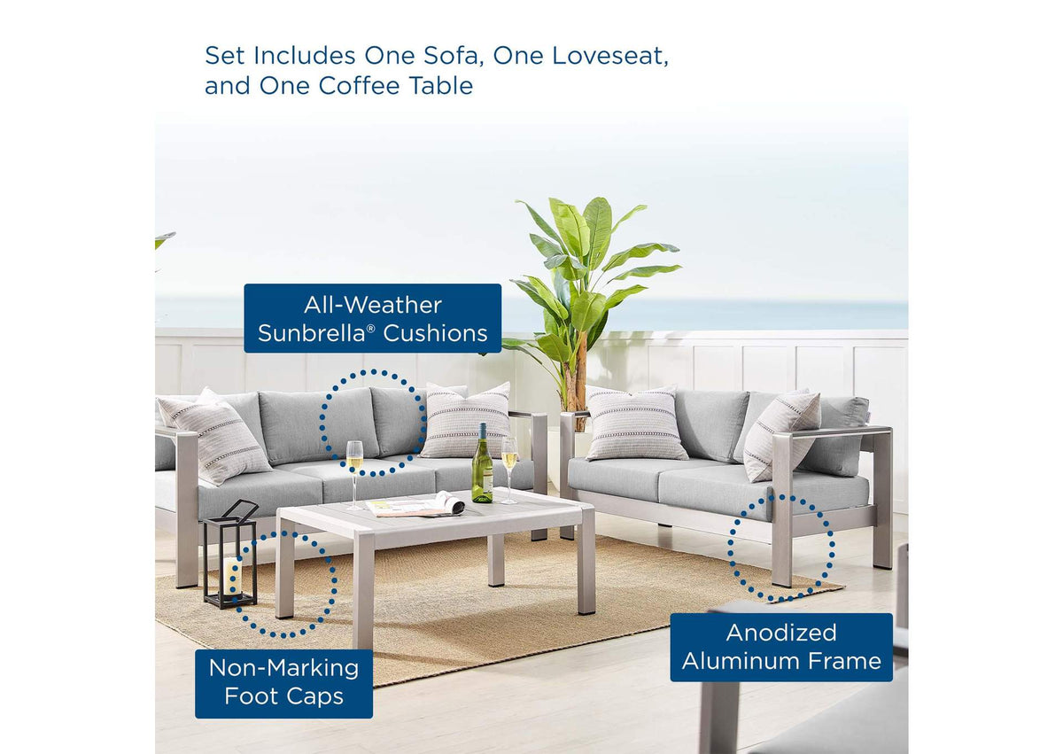 EEI-4313-SLV-GRY-SET Shore 3 Piece Sunbrella® Fabric Outdoor Patio Aluminum Set By Modway