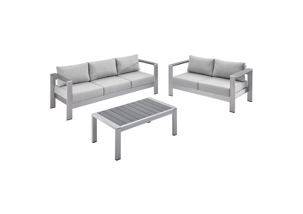 EEI-4313-SLV-GRY-SET Shore 3 Piece Sunbrella® Fabric Outdoor Patio Aluminum Set By Modway