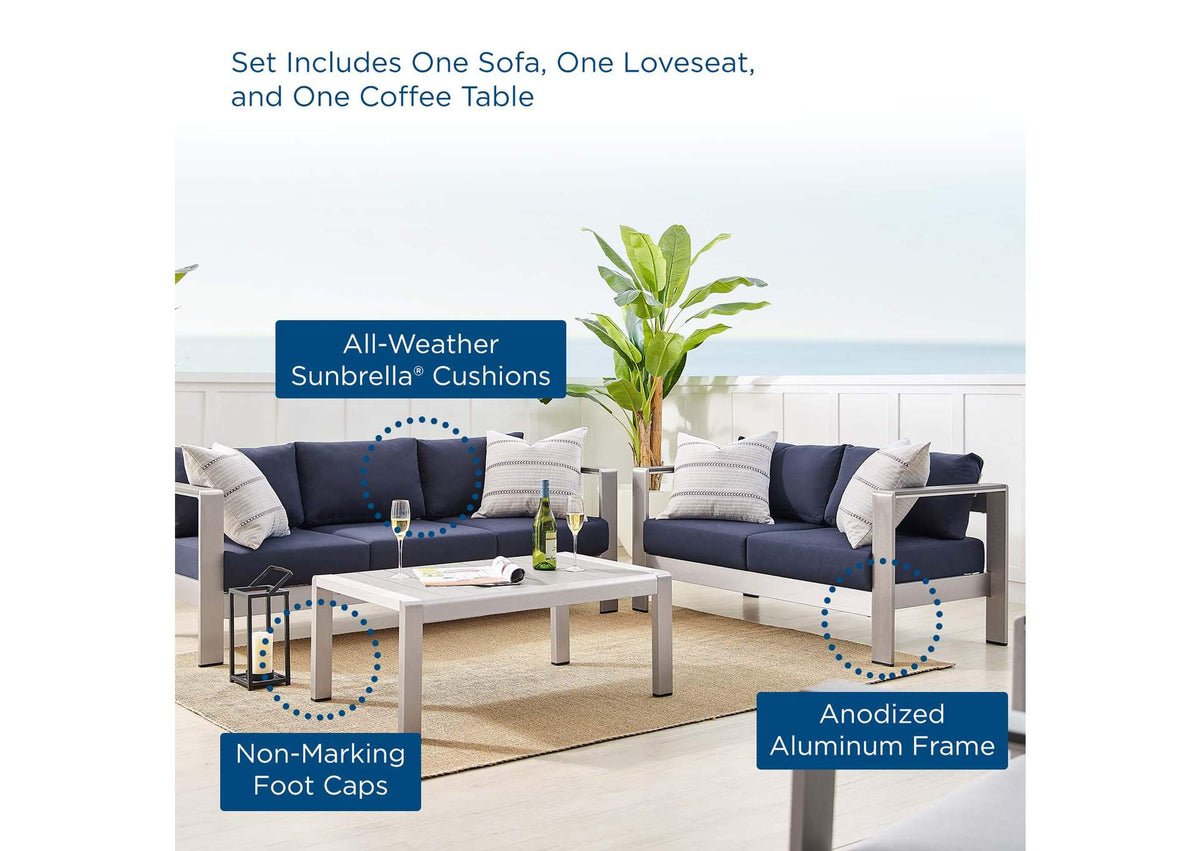 EEI-4313-SLV-NAV-SET Shore 3 Piece Sunbrella® Fabric Outdoor Patio Aluminum Set By Modway