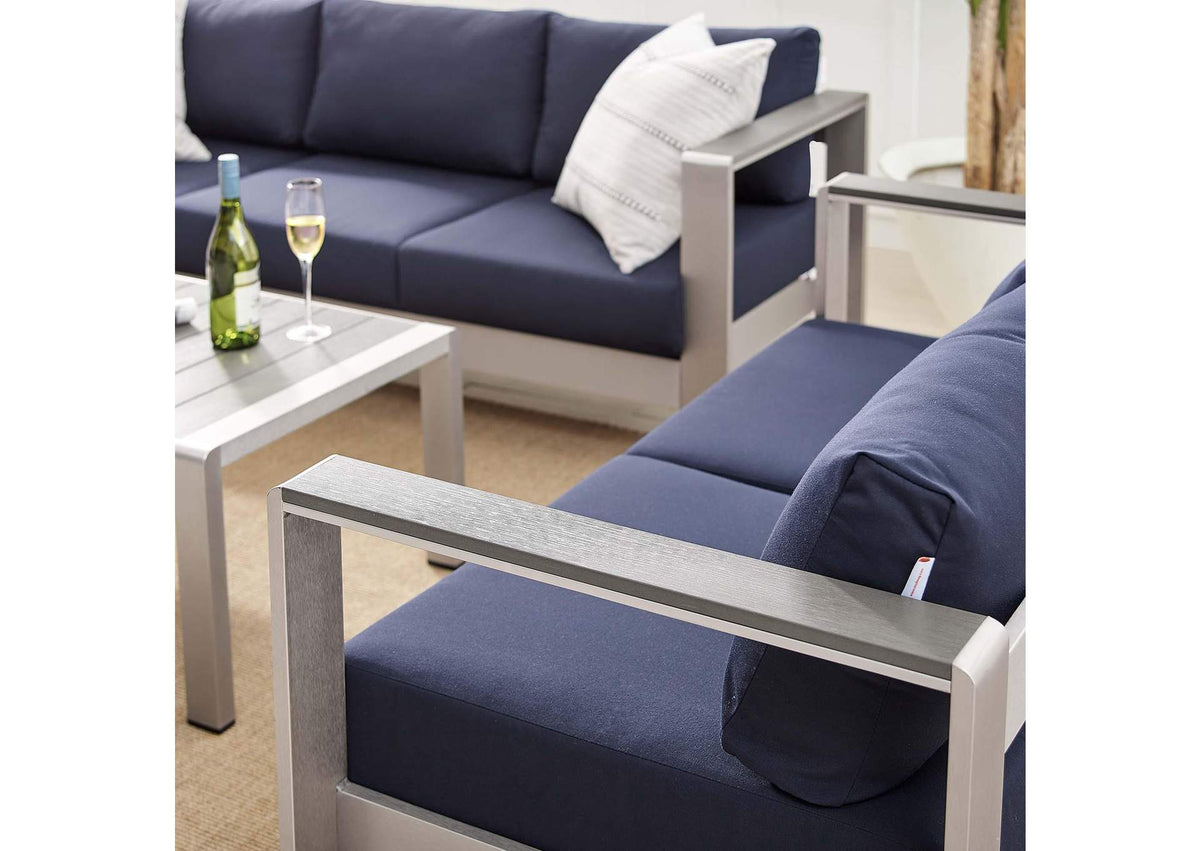 EEI-4313-SLV-NAV-SET Shore 3 Piece Sunbrella® Fabric Outdoor Patio Aluminum Set By Modway