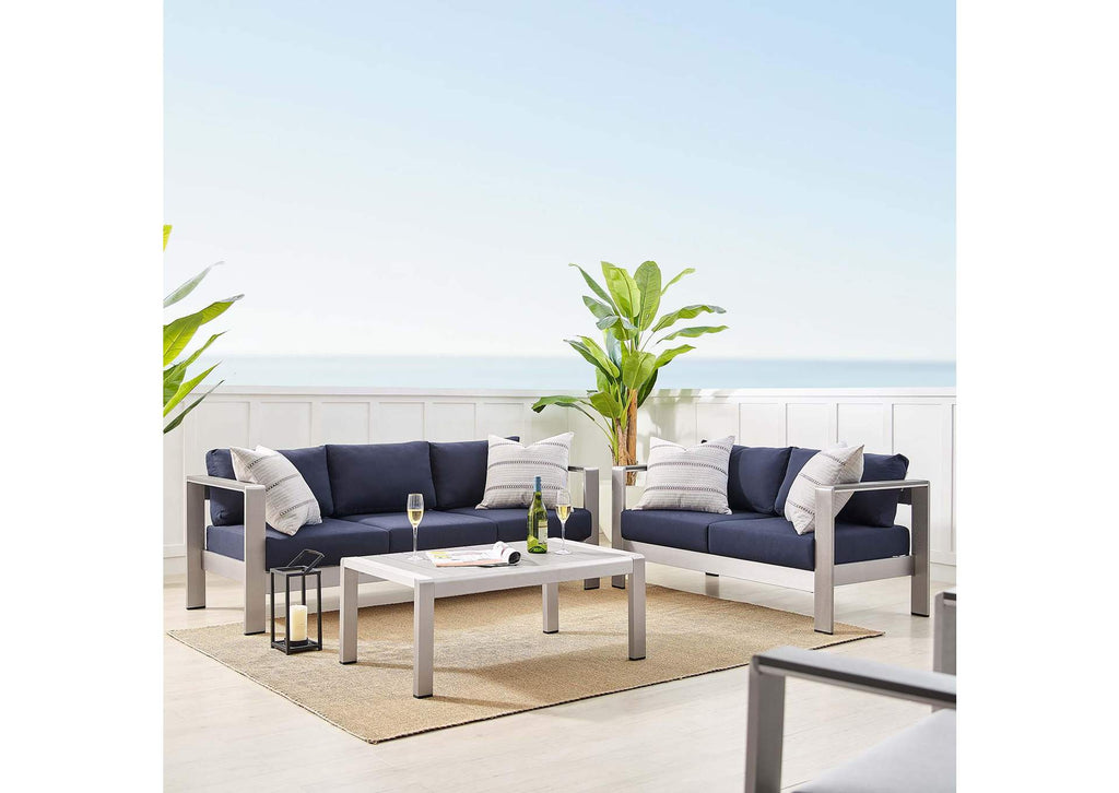 EEI-4313-SLV-NAV-SET Shore 3 Piece Sunbrella® Fabric Outdoor Patio Aluminum Set By Modway