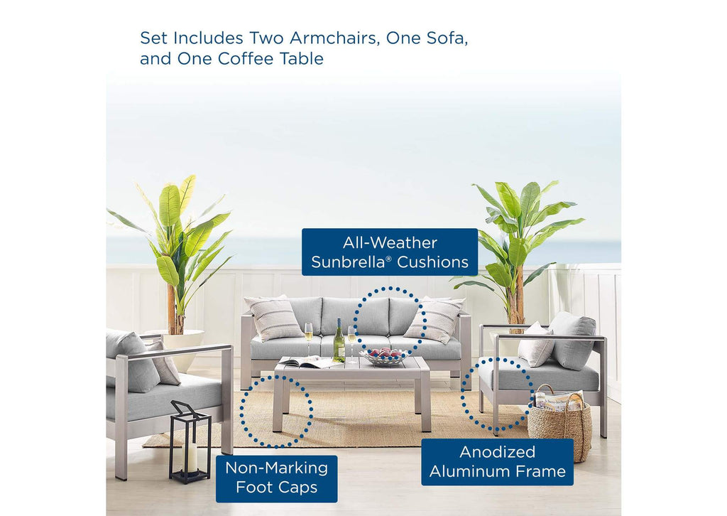 EEI-4316-SLV-GRY-SET Shore 4 Piece Sunbrella® Fabric Outdoor Patio Aluminum Set By Modway