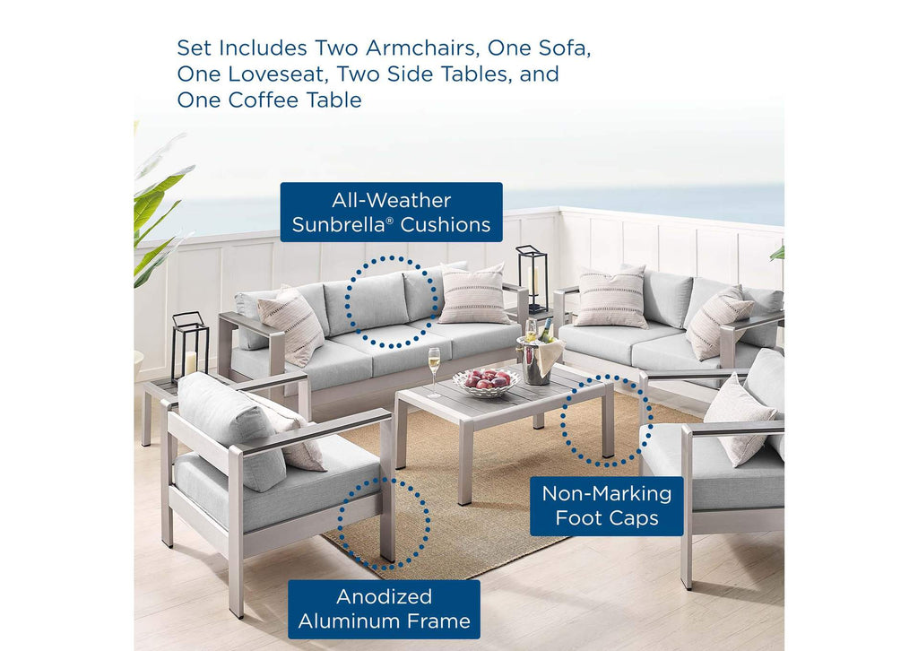 EEI-4322-SLV-GRY-SET Shore 7 Piece Sunbrella® Fabric Outdoor Patio Aluminum Set By Modway