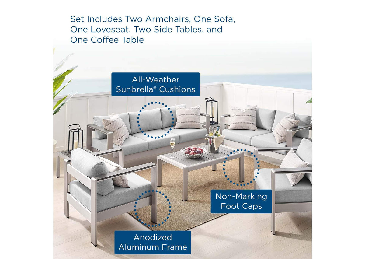 EEI-4322-SLV-GRY-SET Shore 7 Piece Sunbrella® Fabric Outdoor Patio Aluminum Set By Modway