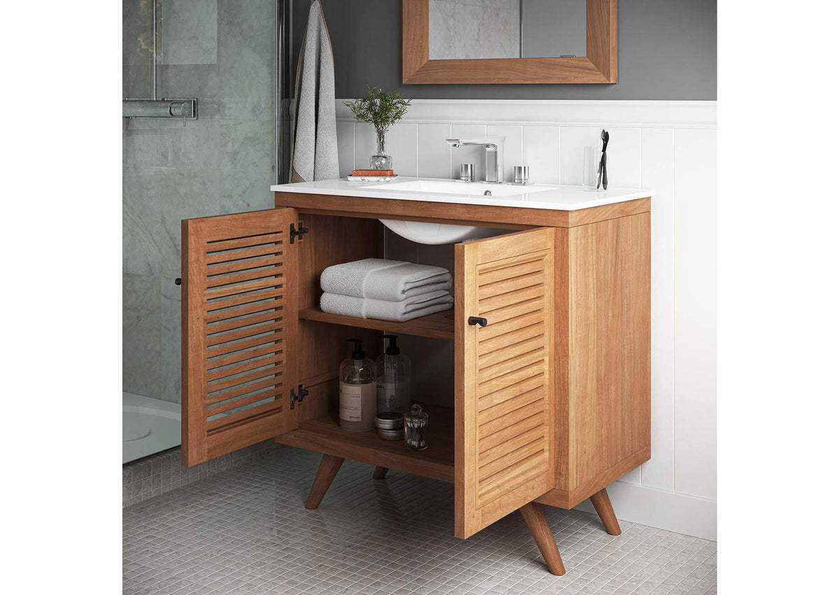 EEI-5087-NAT Birdie 36" Teak Wood Bathroom Vanity Cabinet - Sink Basin Not Included - By Modway
