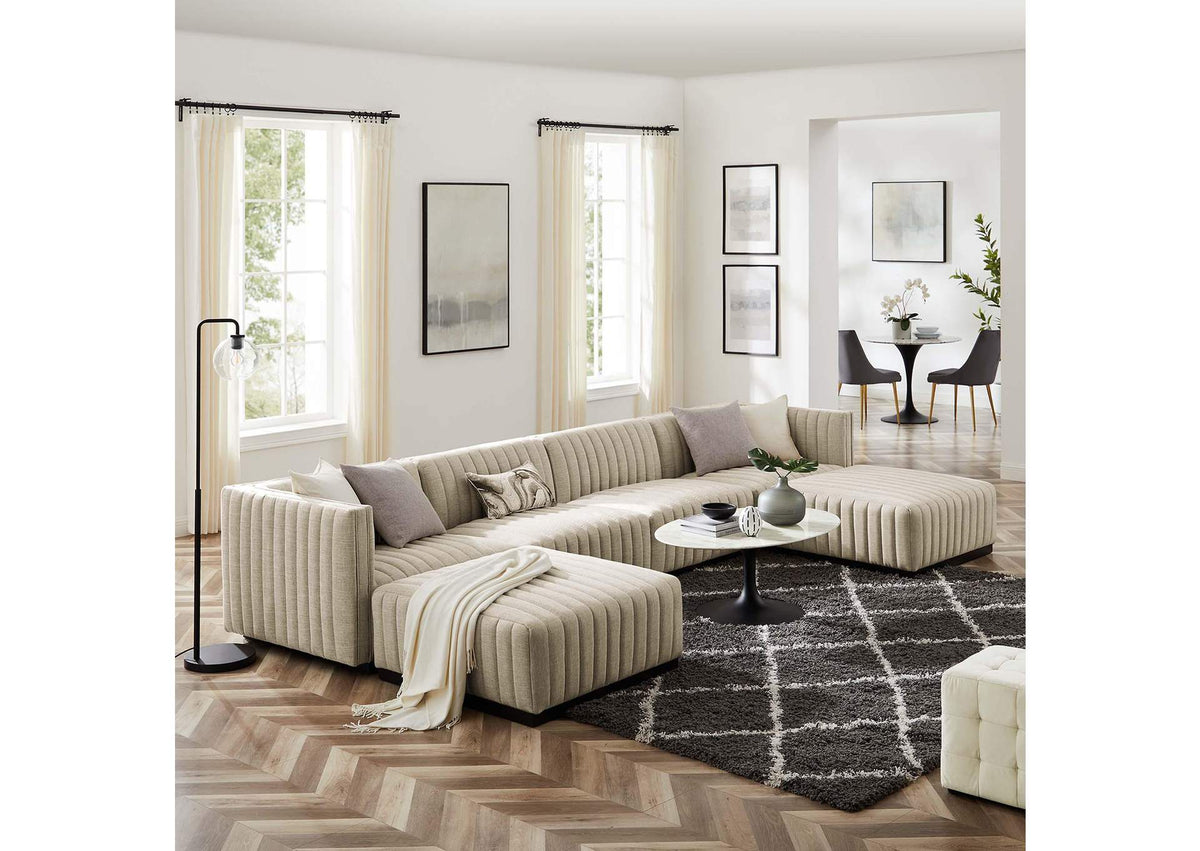 EEI-5790-BLK-BEI Conjure 6-Piece Channel Tufted Upholstered Fabric Sectional Sofa By Modway