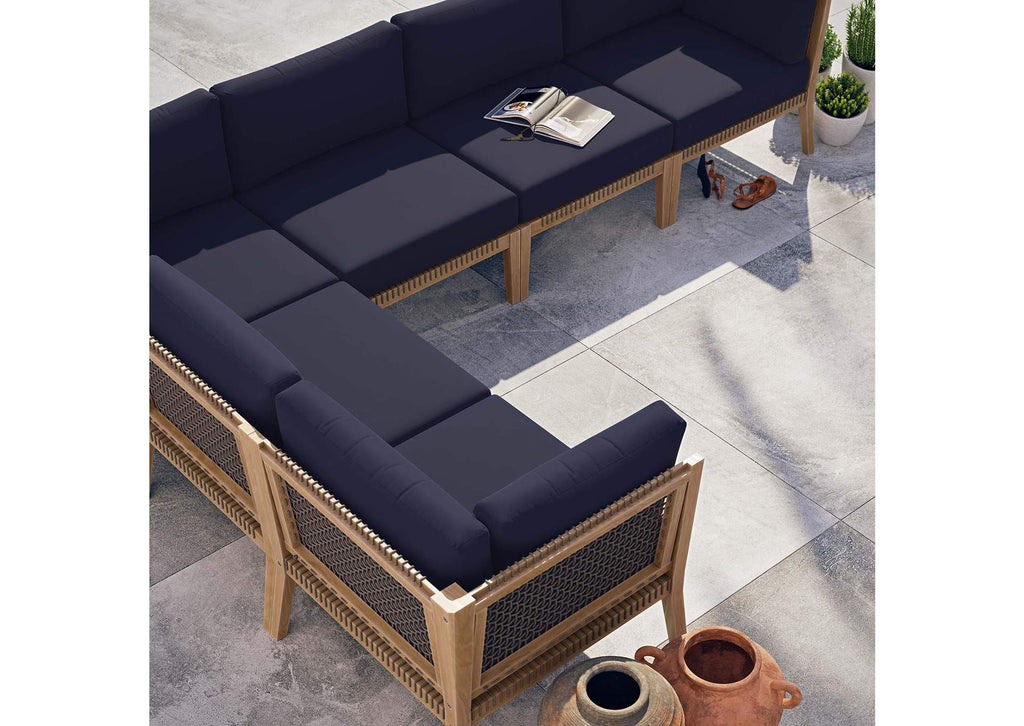 EEI-6125-GRY-NAV Clearwater 6-Piece Outdoor Patio Teak Wood Sectional Sofa By Modway