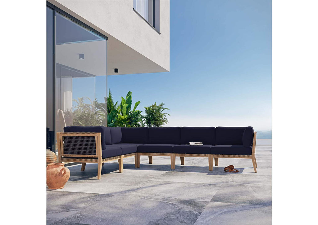 EEI-6125-GRY-NAV Clearwater 6-Piece Outdoor Patio Teak Wood Sectional Sofa By Modway