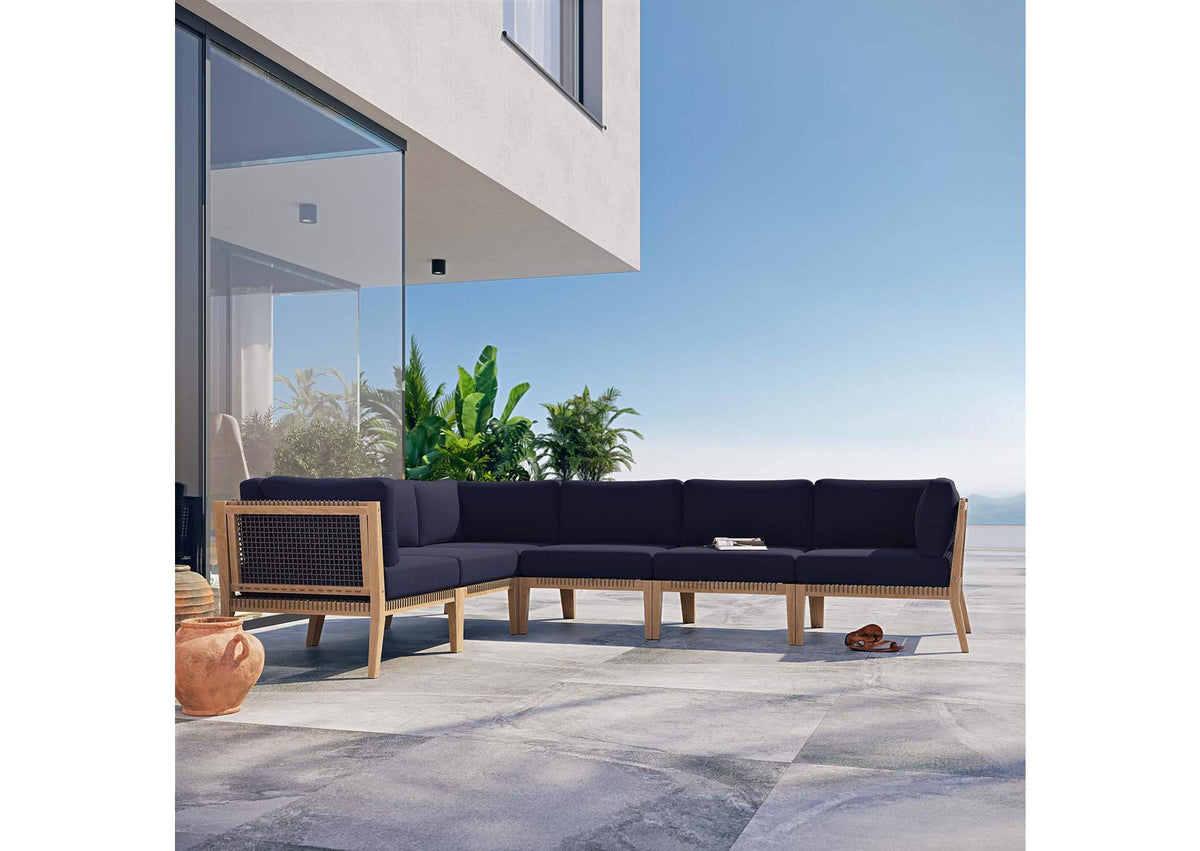 EEI-6125-GRY-NAV Clearwater 6-Piece Outdoor Patio Teak Wood Sectional Sofa By Modway