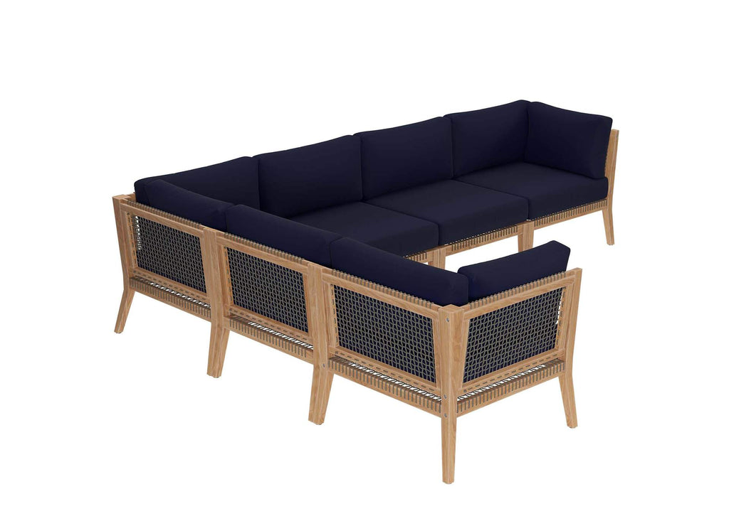 EEI-6125-GRY-NAV Clearwater 6-Piece Outdoor Patio Teak Wood Sectional Sofa By Modway