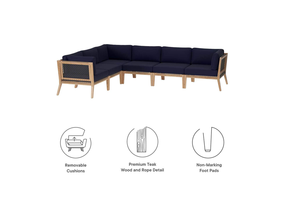 EEI-6125-GRY-NAV Clearwater 6-Piece Outdoor Patio Teak Wood Sectional Sofa By Modway