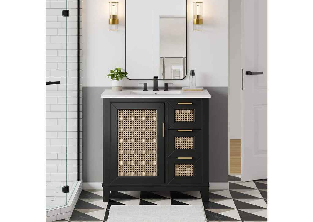 EEI-6725-BLK-WHI Dixie 36" Solid Wood Bathroom Vanity Cabinet By Modway