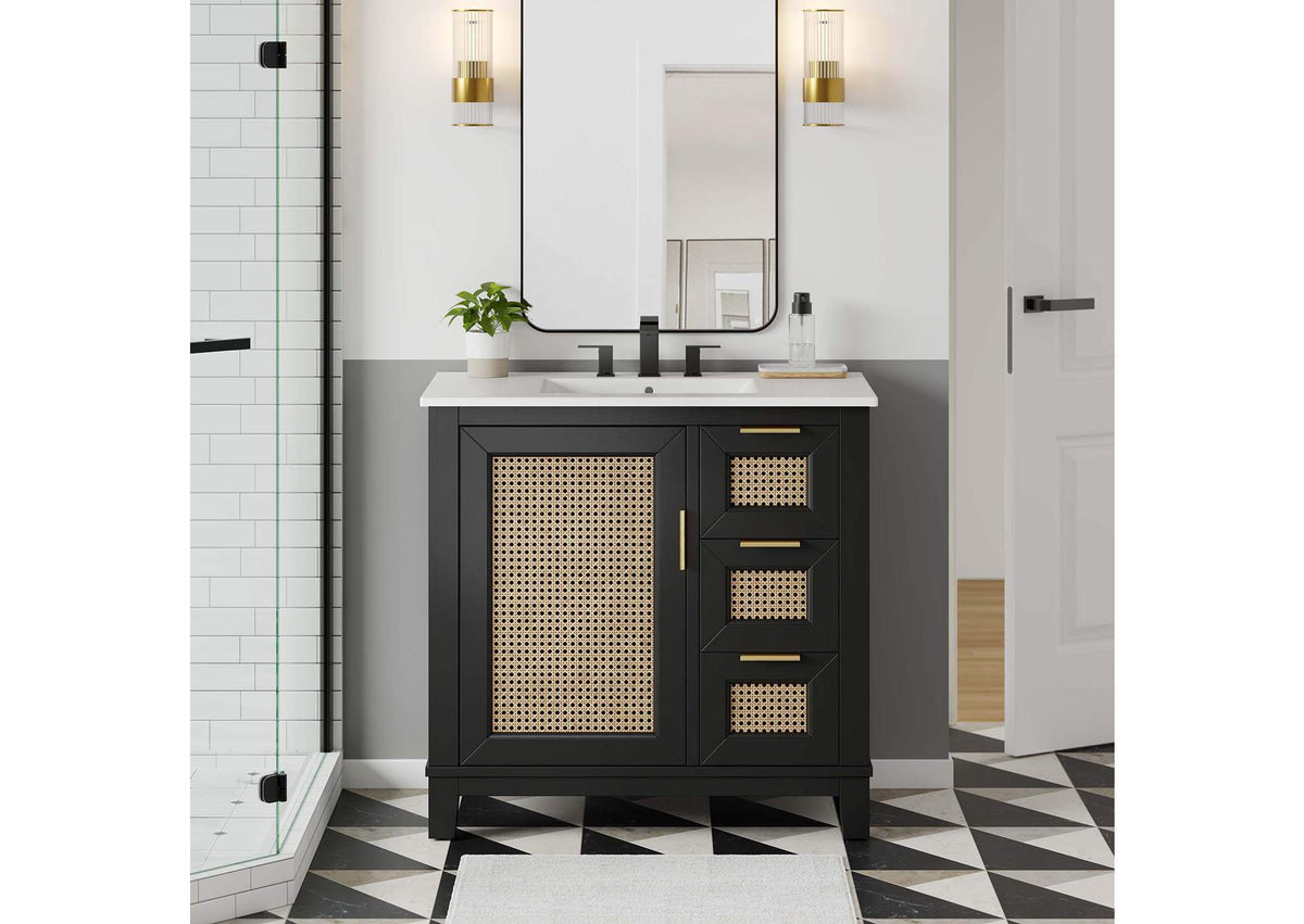 EEI-6725-BLK-WHI Dixie 36" Solid Wood Bathroom Vanity Cabinet By Modway